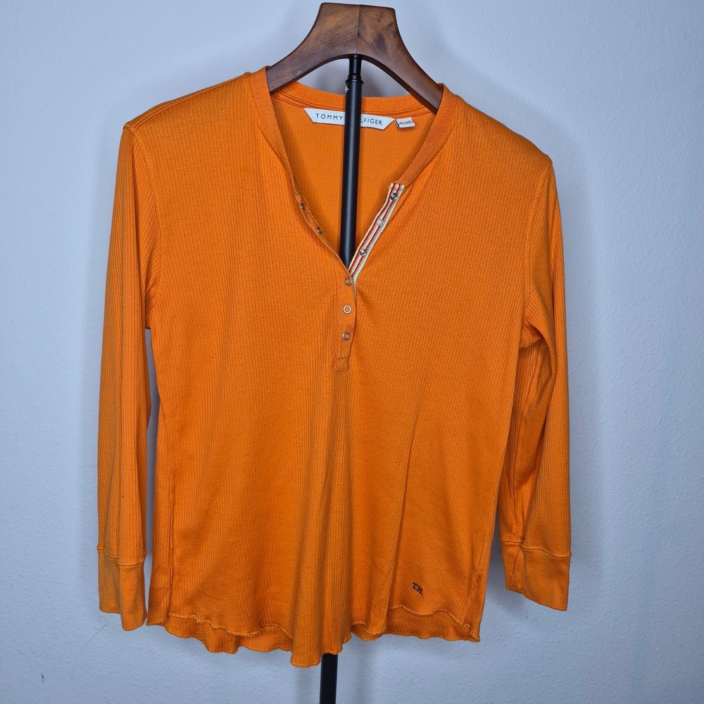 Tommy Hilfiger Womens Orange Ribbed Cotton 3/4 Sleeve Henley Top XL Preppy Bold